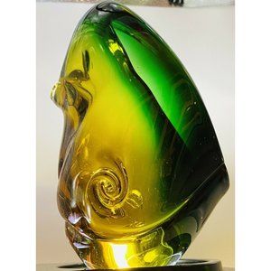 MCM  Hand Blown  Art Glass Amber to Emerald Green shell vase Polished Base